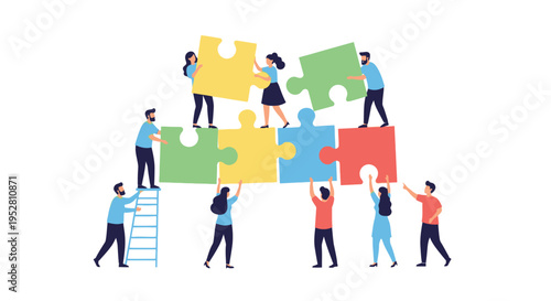 Diverse team assembling colorful puzzle pieces, symbolizing teamwork and collaboration