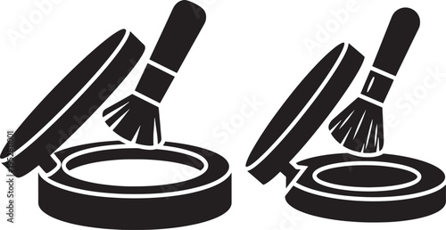 Cosmetic powder compact with brush silhouette and icon