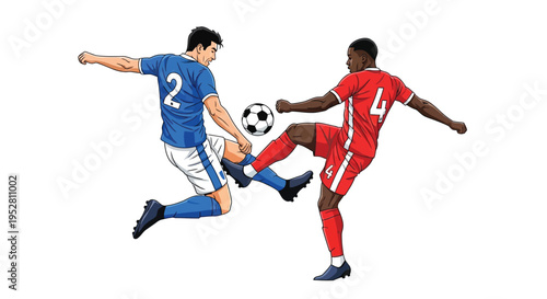 Two soccer players in action competing for possession of the ball