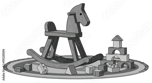 A grayscale illustration of a rocking horse and building blocks