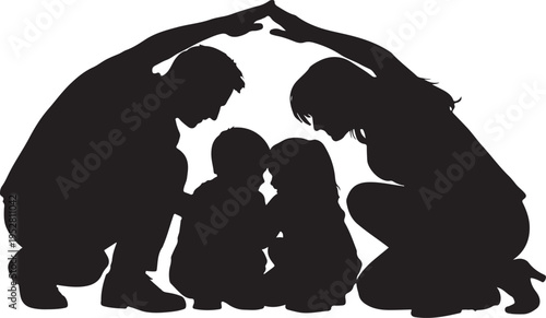 Conceptual silhouette of parents protecting their children with hands forming a roof shape, symbol of family security, insurance, and home care.