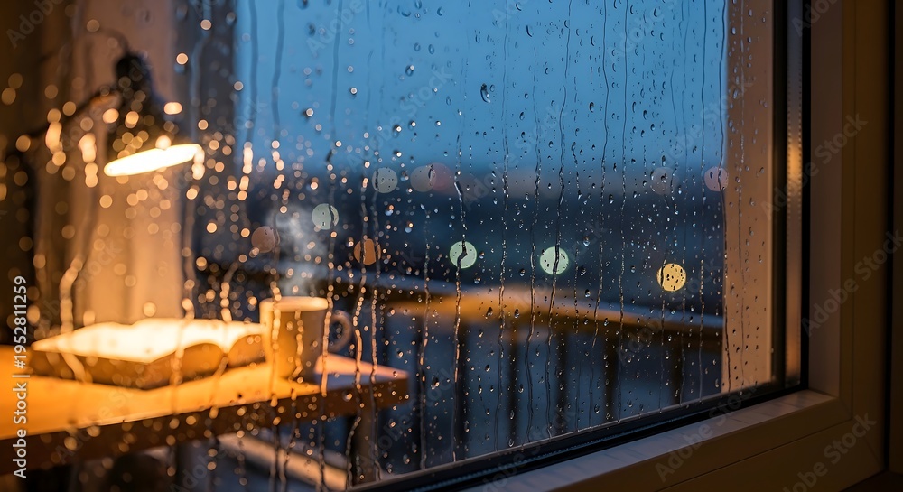 Obraz premium Cozy rainy evening indoors, reading book with warm lamp light and coffee by the window