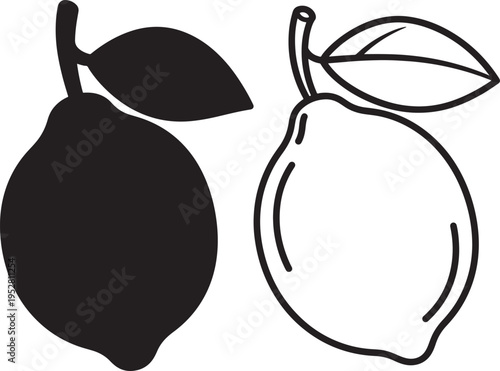 Lemon icon outline and silhouette with leaves
