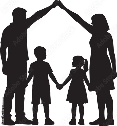 Family silhouette forming a house roof shape over children, concept of protection and home security