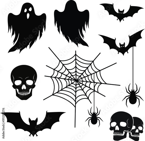Halloween icons including ghosts bats spiders skulls and a spider web on a white background for spooky decorations