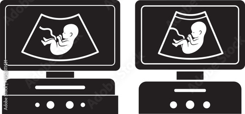Fetus ultrasound screen silhouette icons on white background