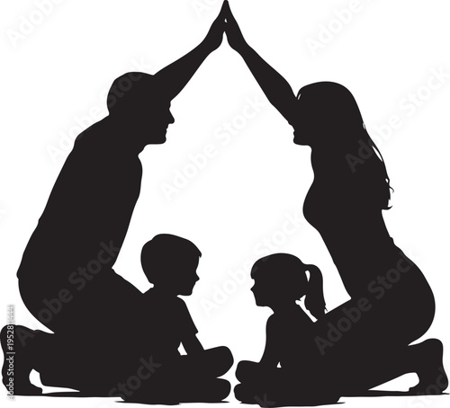 Silhouette of Parents Creating a Roof Shape Over Children, Concept of Family Protection and Home Security