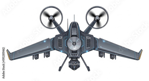 Detailed aerial drone with propellers and wings, futuristic design, top view.