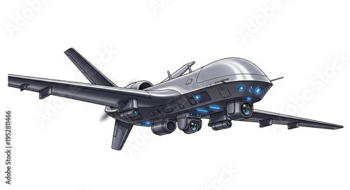 Detailed aerial drone with wings and propellers, ready for flight, technology concept.