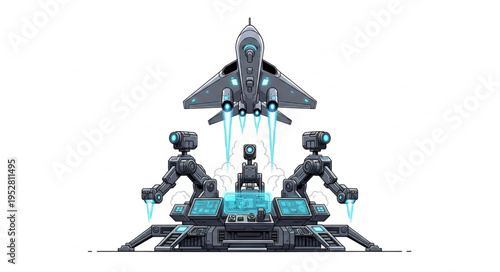 Futuristic aircraft launching from a high-tech control center, ready for flight.