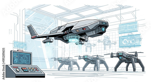 Futuristic aircraft hovering above robotic drones in a technological environment, sci-fi concept.