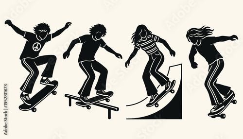 Set of vintage skateboarder silhouettes performing tricks and skating on ramps