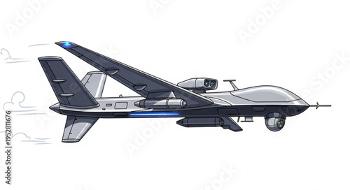 Detailed illustration of a modern unmanned aerial vehicle in flight, showcasing its design.
