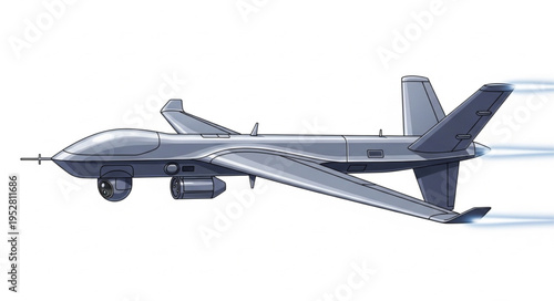 Detailed illustration of a modern military drone in flight, aerial view.