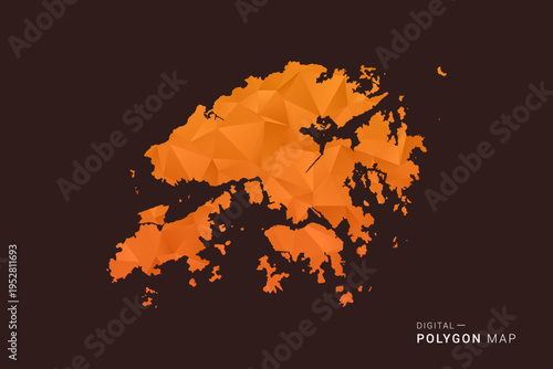 Hong Kong Map - low poly polygon vector, geometric triangulated silhouette in orange and dark brown tones, clean modern infographic style, isolated background.