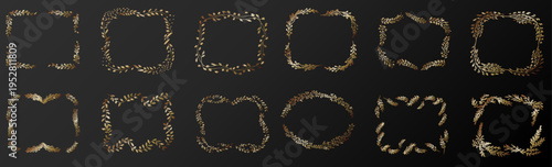 金色の葉と枝で装飾された高級感あふれるボタニカルフレームセット、エレガントでクラシカルな招待状やウェディングデザインに最適な装飾枠素材コレクション