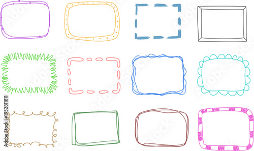 手描き風のカラフルでゆるい線が特徴のフレームセット、ポップでかわいいデザインに使えるラフスケッチ風の装飾枠素材コレクション