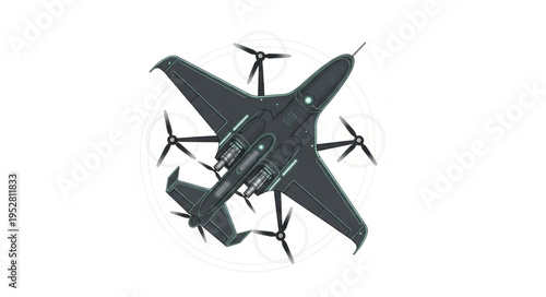 Aerial view of a unique multi-rotor aircraft with multiple propellers for flight.