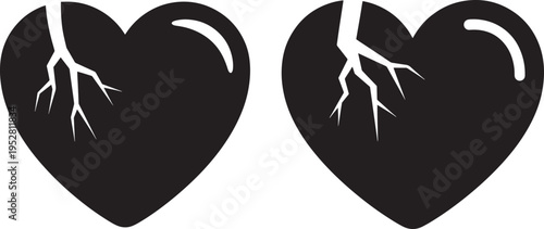 Two black broken heart icons symbols of sadness