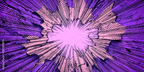 Dynamic purple comic book background features an intense radial explosion effect centered in the frame.