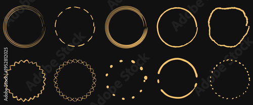 手描き風ゴールドサークルフレームセットと装飾ラインのコレクション・高級感あるラベルデザイン素材黒背景