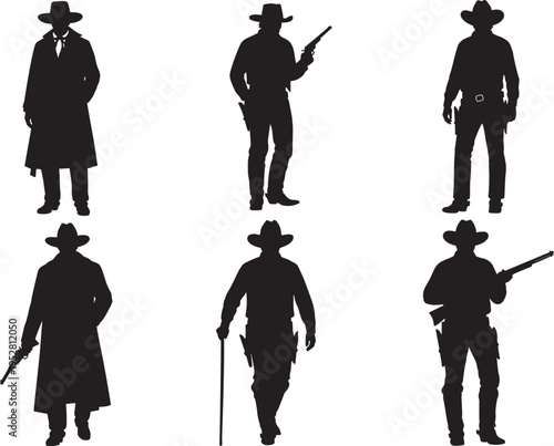 Wild West cowboy silhouettes set, outlaw gunfighter characters with pistols and rifles, sheriff figures in duster coats, western frontier bandit vector illustration icons