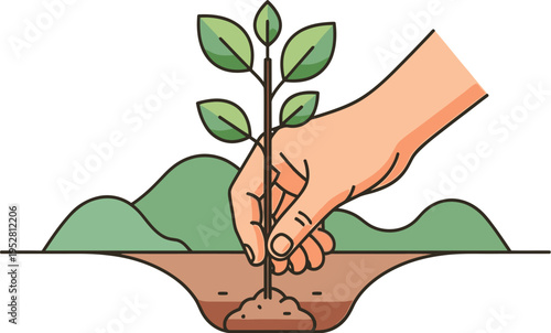 A human hand gently plants a vibrant green seedling into fertile soil, illustrating the concepts of growth, nurturing nature, and sustainable environmental stewardship.