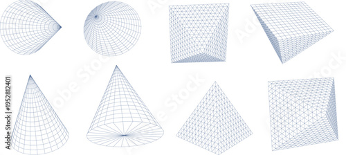 円錐や球体など多様な立体形状をワイヤーフレームで表現した幾何学的で学習やデザインに使える3D図形セット素材