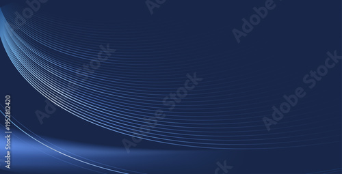 濃紺背景に流れる繊細なブルーラインの抽象ウェーブデザイン、ビジネスやテクノロジーに最適なミニマル背景素材