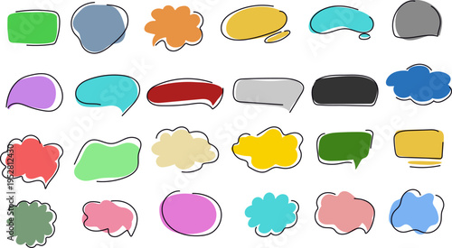 カラフルな手描き風の吹き出しとコメントバブルを集めたポップなイラスト素材セット、SNSや広告に使えるコミュニケーションデザイン