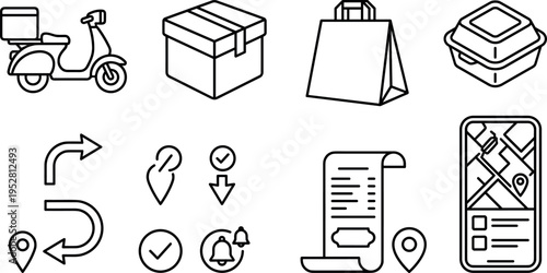Delivery and Logistics Line Icons Set with Package, Courier, Map, Route and Tracking Symbols