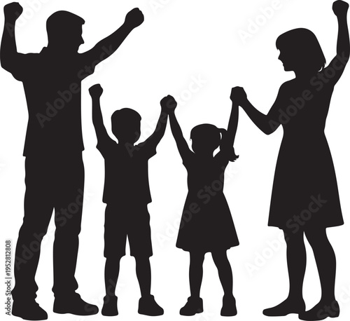 Happy family silhouette cheering with arms raised, parents and two children celebrating together on a white background