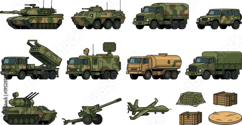 Military Vehicles and Equipment Vector Set with Tanks, Trucks, Artillery, Missiles and Camouflage Transport