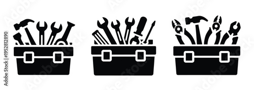 Collection toolbox equipment silhouette icon vector set for logo, simple hardware and repair tool symbols, minimal construction and workshop shapes,