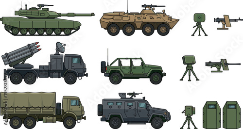 Military Equipment and Vehicles Set with Tank, Armored Car, Missile Launcher and Defense Systems