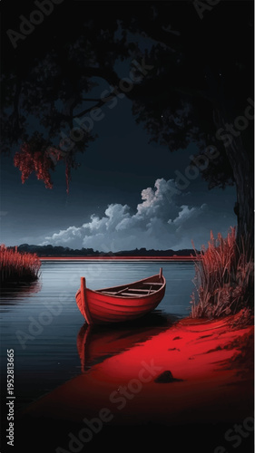 A solitary red wooden boat rests on a vibrant red shore by a dark lake at night water