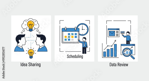 Business meeting illustrations showing idea sharing scheduling and data review.