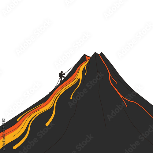 Adventurous Climber Ascends Fiery Volcano Slope with Lava Flow.