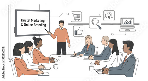 Business meeting presentation on digital marketing and online branding.