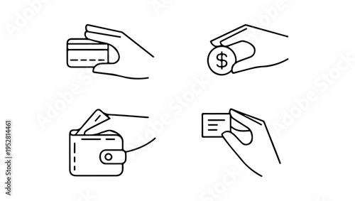 Hand exchanging money and cards wallet and receipt icons displayed