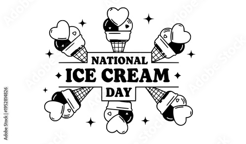 Vintage Ice Cream Day Badge with Heart Scoops Retro Dessert Vector Illustration