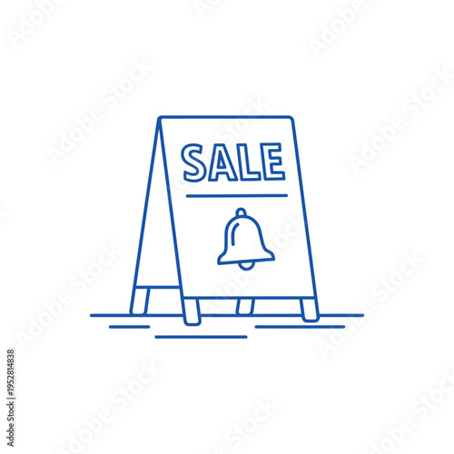 A-frame sign with sale announcement and bell icon.