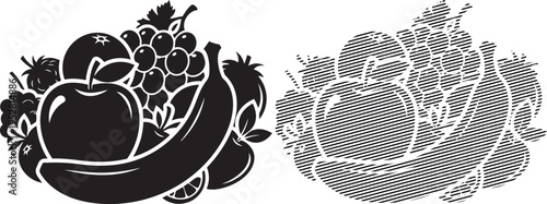 Intricate traditional embroidery designs of fruits and floral motifs on fabric.