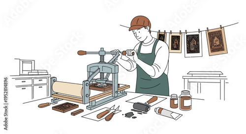 Artist operating a printing press in a studio.