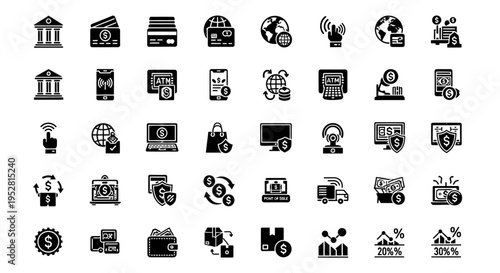 diverse financial technology icon set depicting digital banking secure mobile payments global transactions and e-commerce solutions for modern fintech.