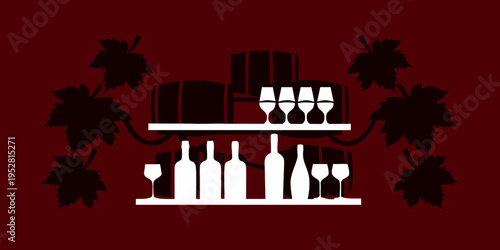 Silhouette of wine barrels bottles and glasses against a red background