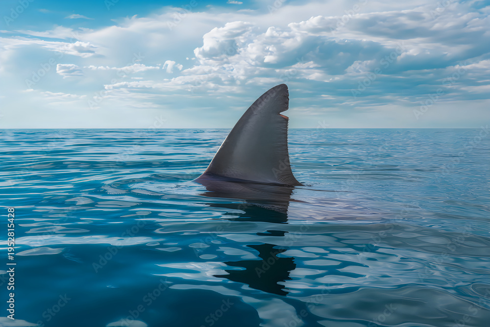 Naklejka premium Shark fin cutting through blue ocean water under cloudy sky