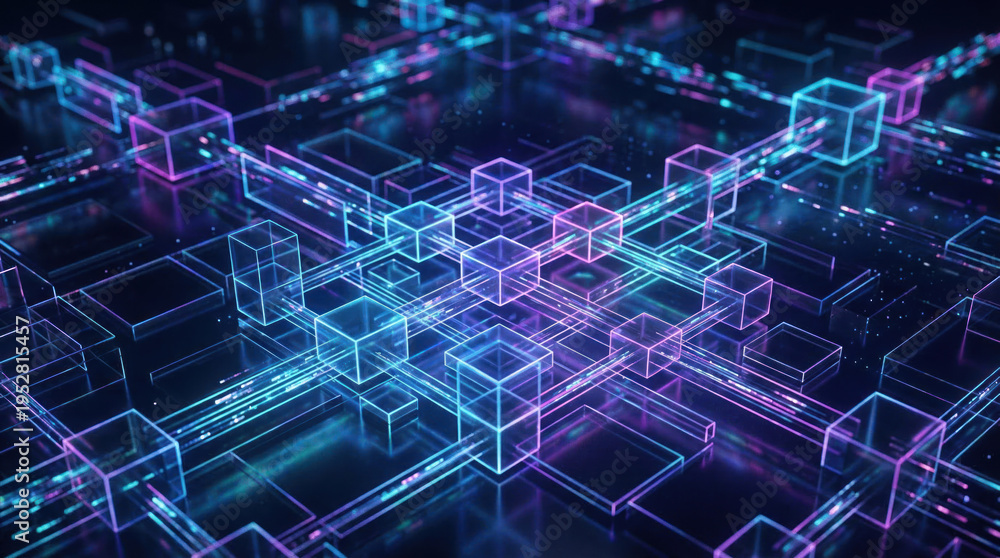 Obraz premium Futuristic digital grid with glowing neon geometric shapes and lines