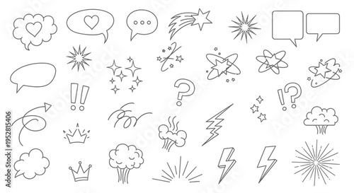 hand drawn ui design and comic book symbols expressing emotions and actions ideal for graphic resources and social media.