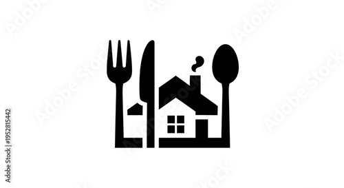 Modern vector icon of a house with fork, knife, and spoon, symbolizing home cooking, restaurant, or meal delivery service.